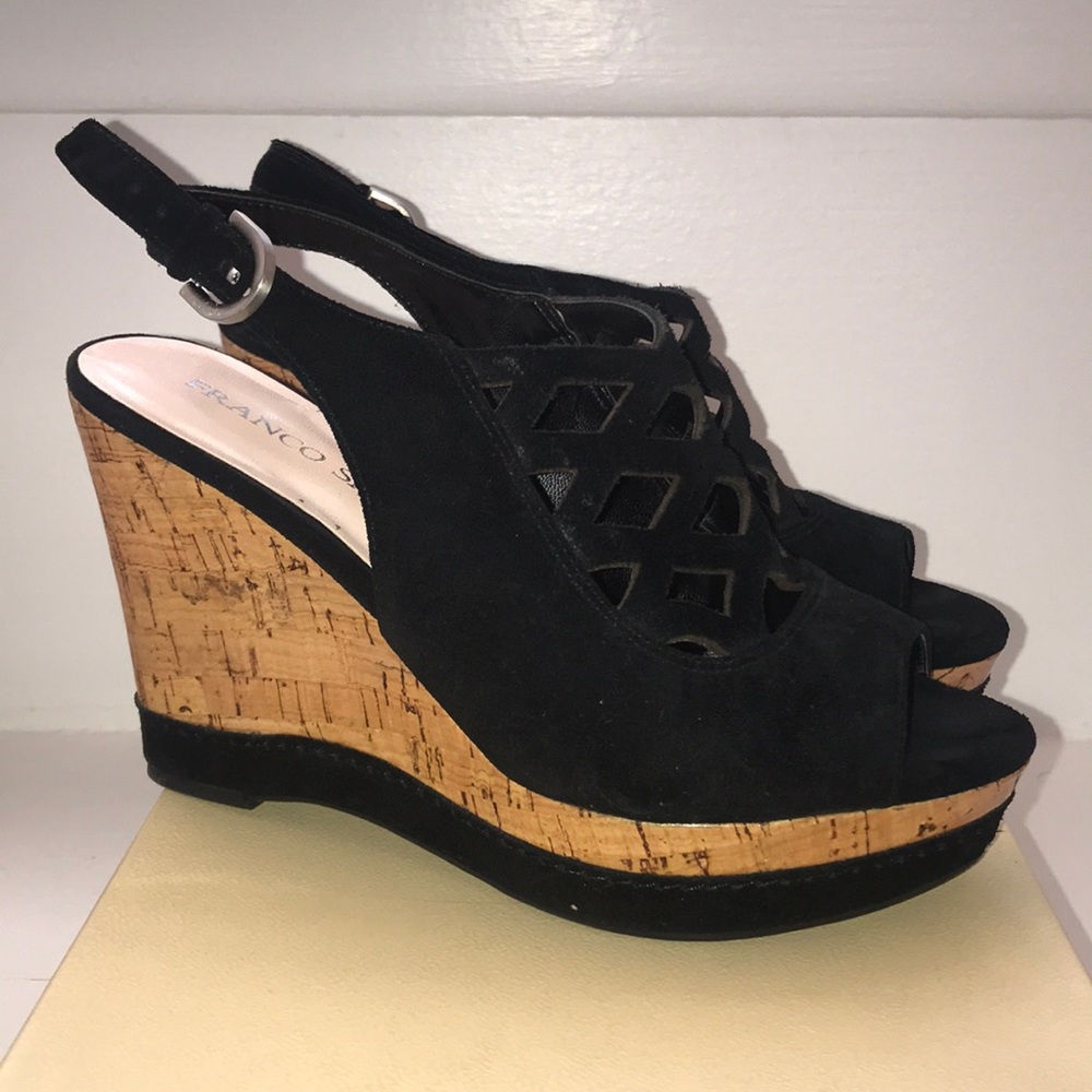 FANCO SARTO SASHA WEDGE, BLACK SUEDE, SZ 7